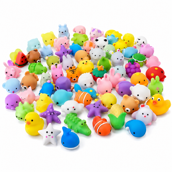 Assorted mini animal, fruit and novelty squishies representing the 100-piece mixed event pack assortment style