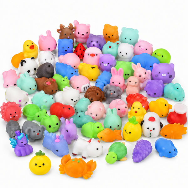 Assorted mini animal squishies representing the 50-piece animal party pack assortment style