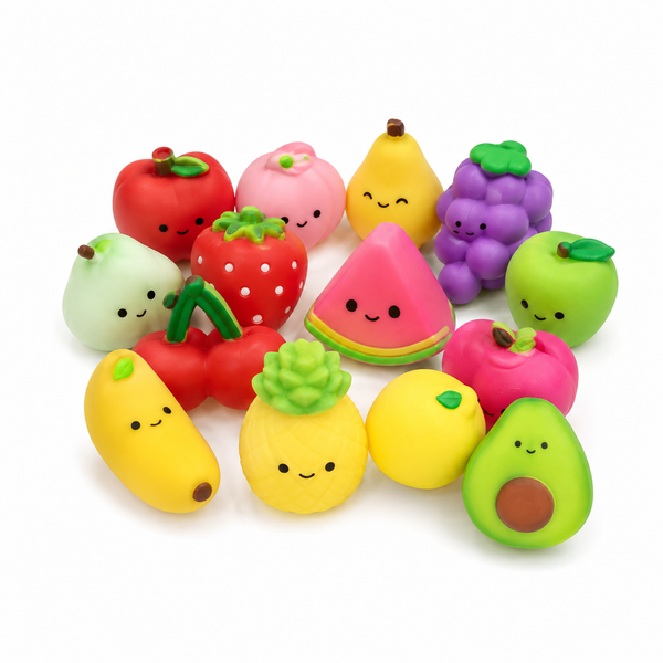 Assorted mini fruit squishies representing the fruit favor pack assortment style